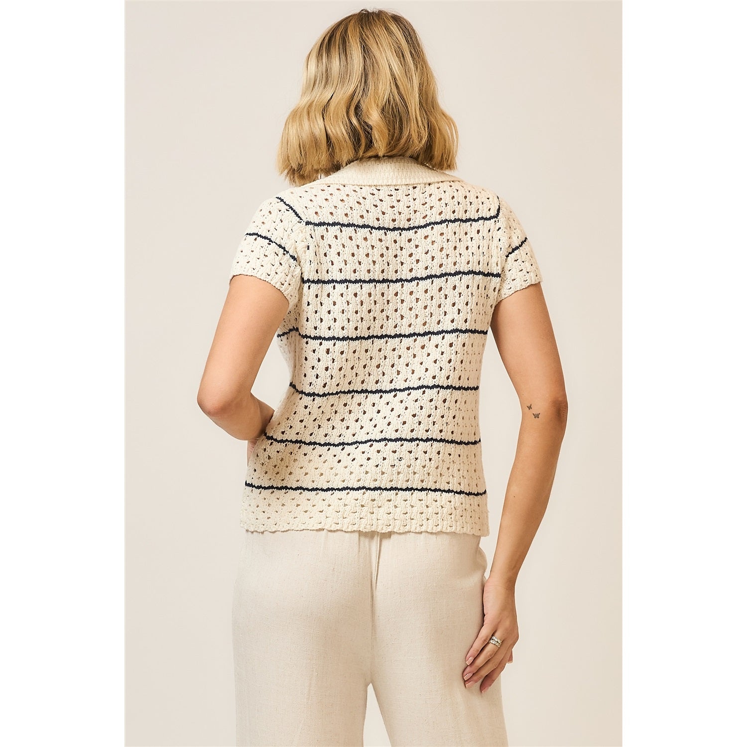 Striped Open Knit Short Sleeve Collar ToP