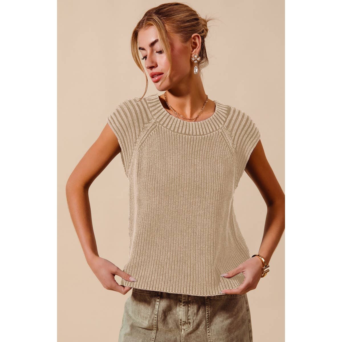 MINERAL WASHED RAGLAN SLEEVELESS SWEATER TOP