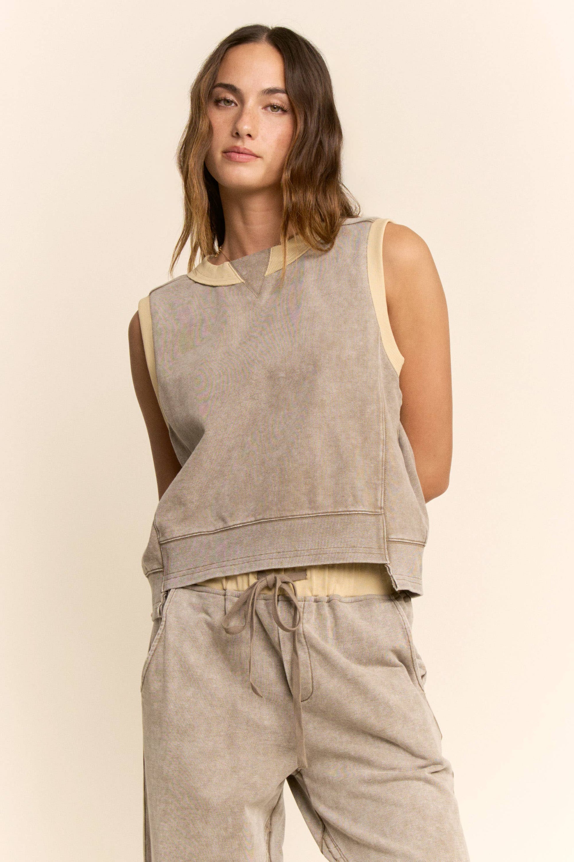 WASHED FRENCH TERRY CONTRAST WAIST BARREL PANTS