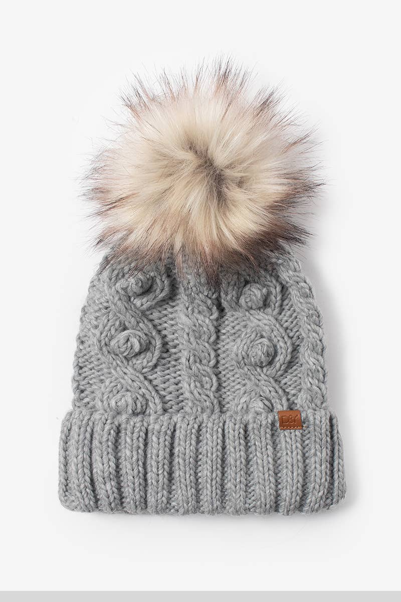 Popcorn Trim Knit Beanie with Faux Fur Pom