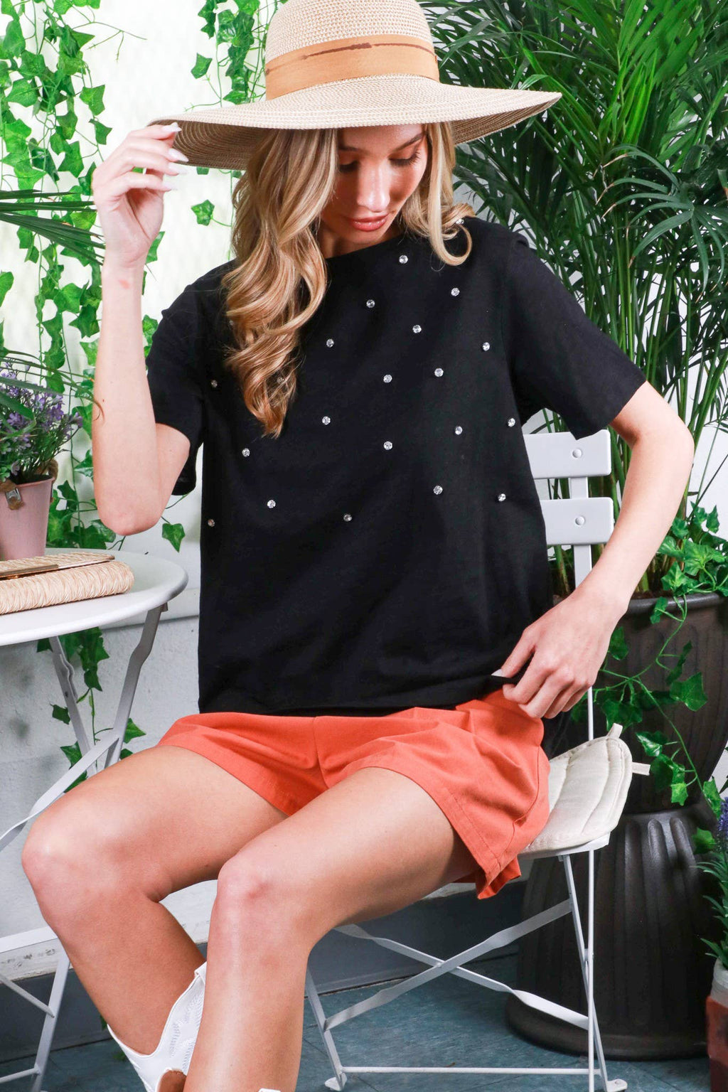 Round Neck Rhinestone Detail 100% Cotton T-Shirt Top