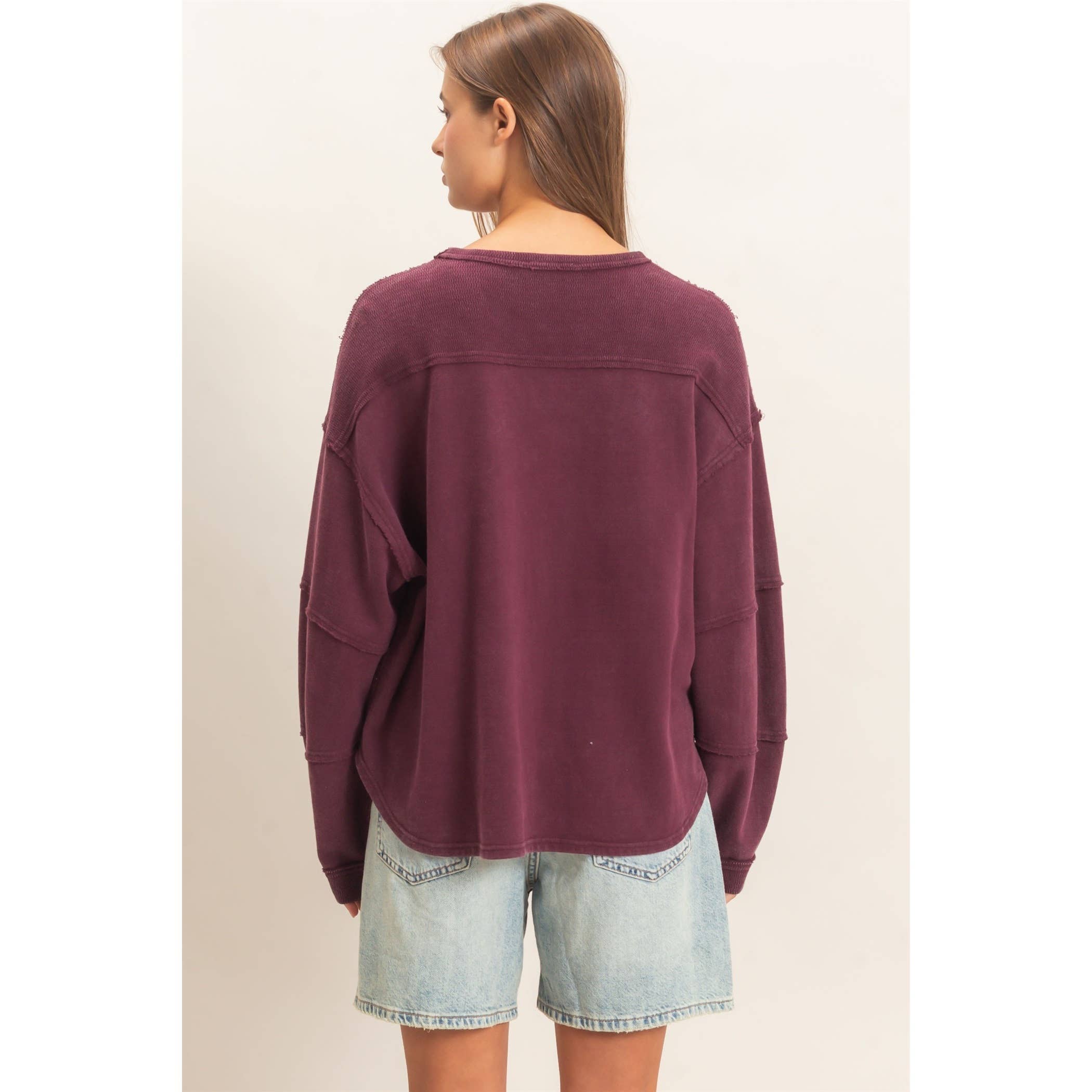 Mineral Wash Oversized Raw Edge Crew Neck Top
