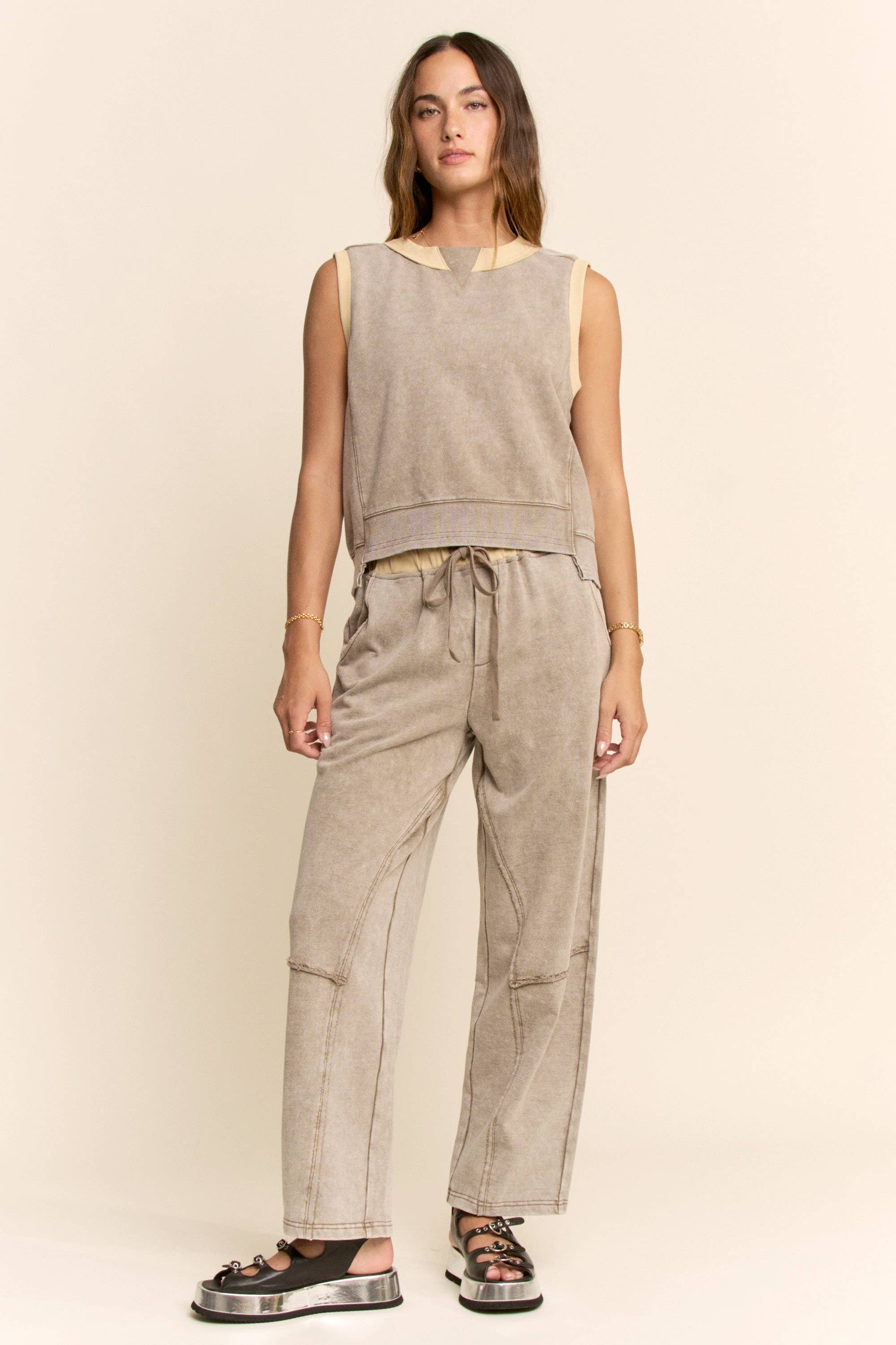 WASHED FRENCH TERRY CONTRAST WAIST BARREL PANTS