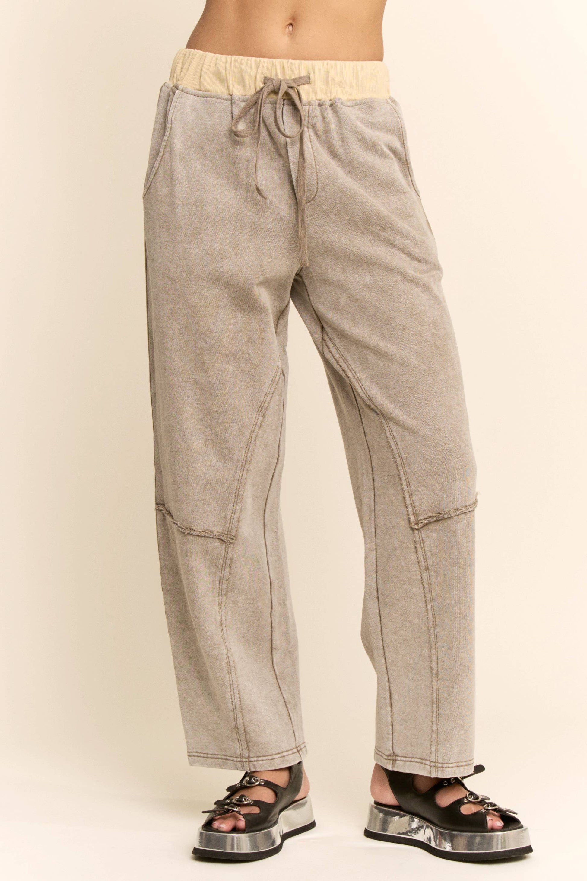 WASHED FRENCH TERRY CONTRAST WAIST BARREL PANTS