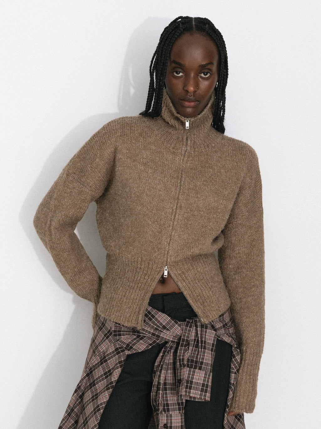 Retro Stand Collar Zip-Up Cardigan