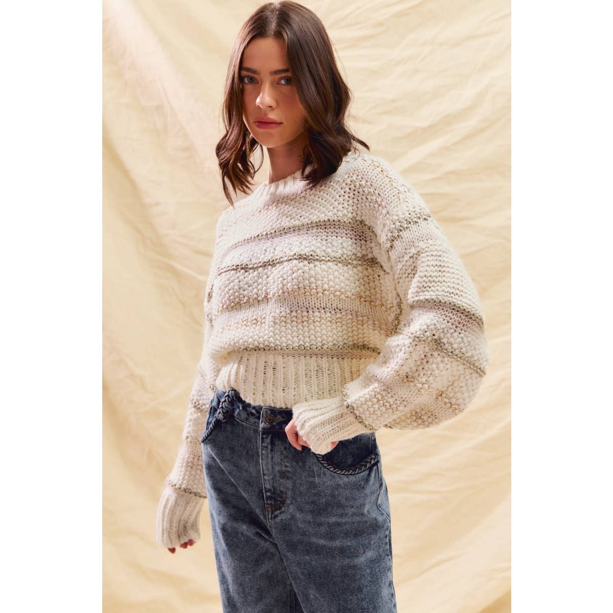 TEXTURED STRIPE LUREX HOLIDAY CROP SWEATER TOP
