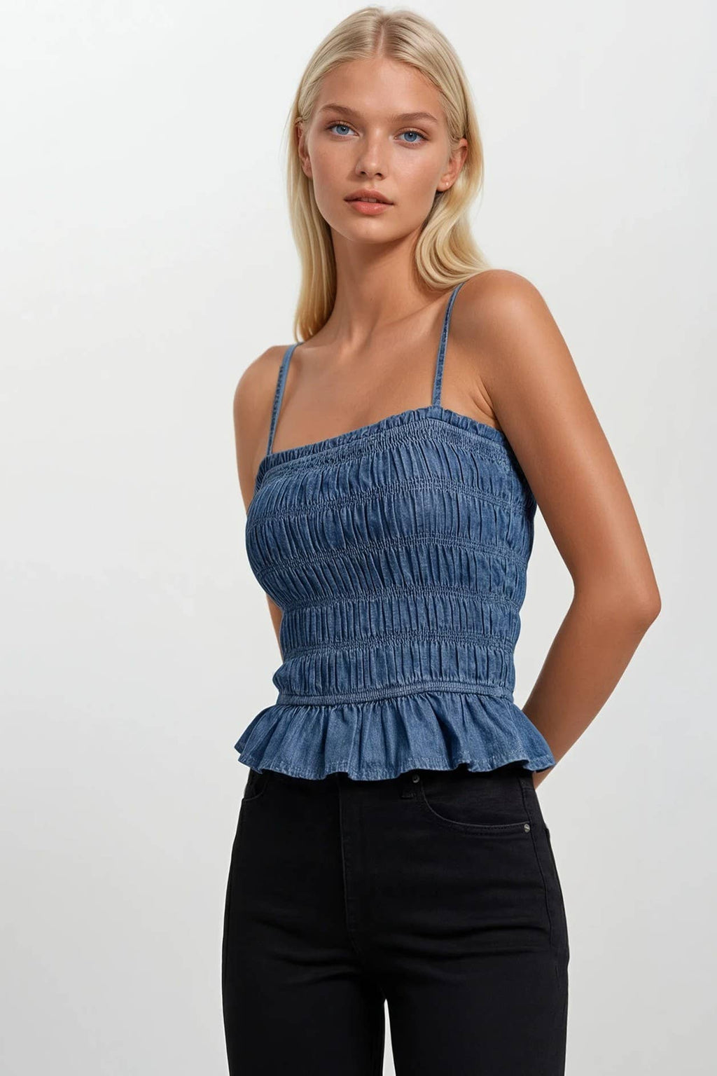 SMOCKED CHAMBRAY TOP W1603TIA