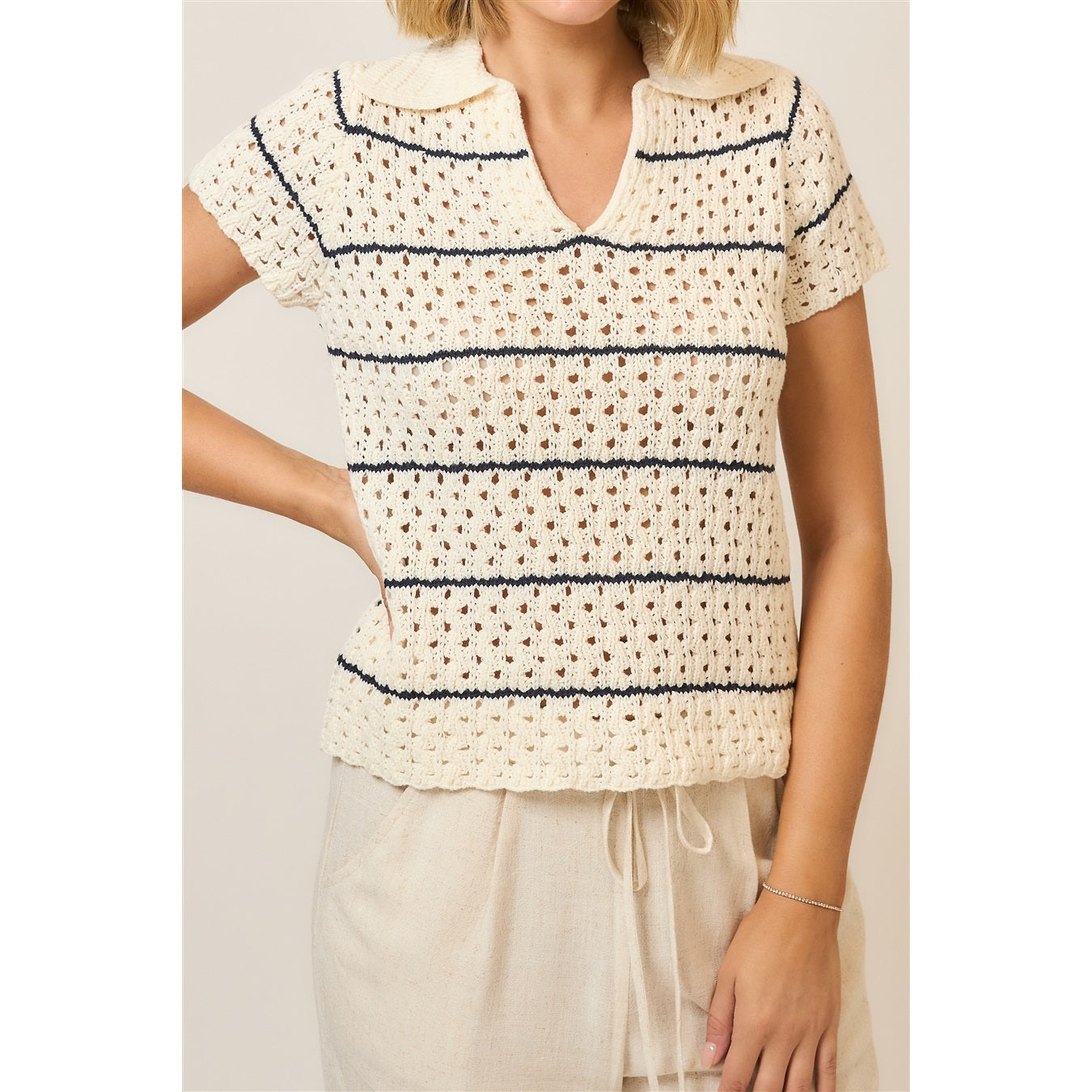 Striped Open Knit Short Sleeve Collar ToP