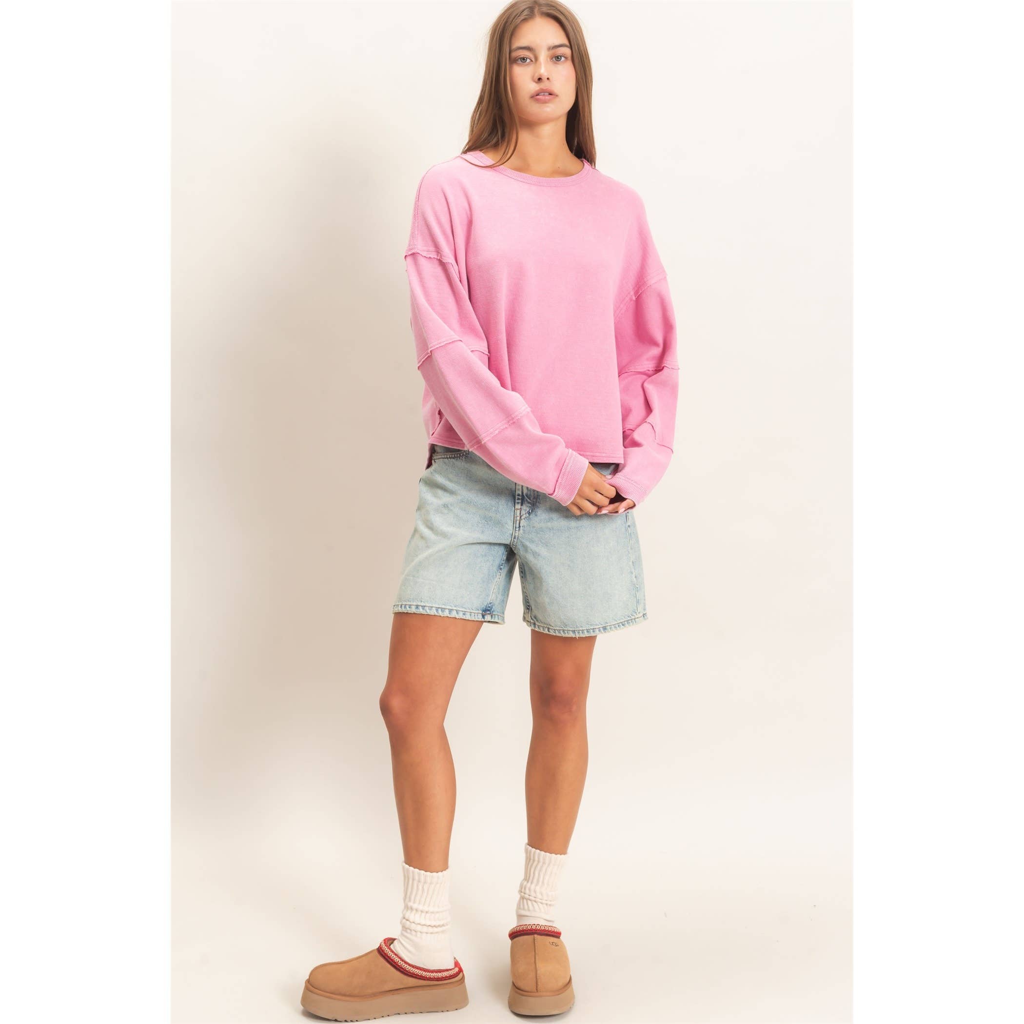 Mineral Wash Oversized Raw Edge Crew Neck Top