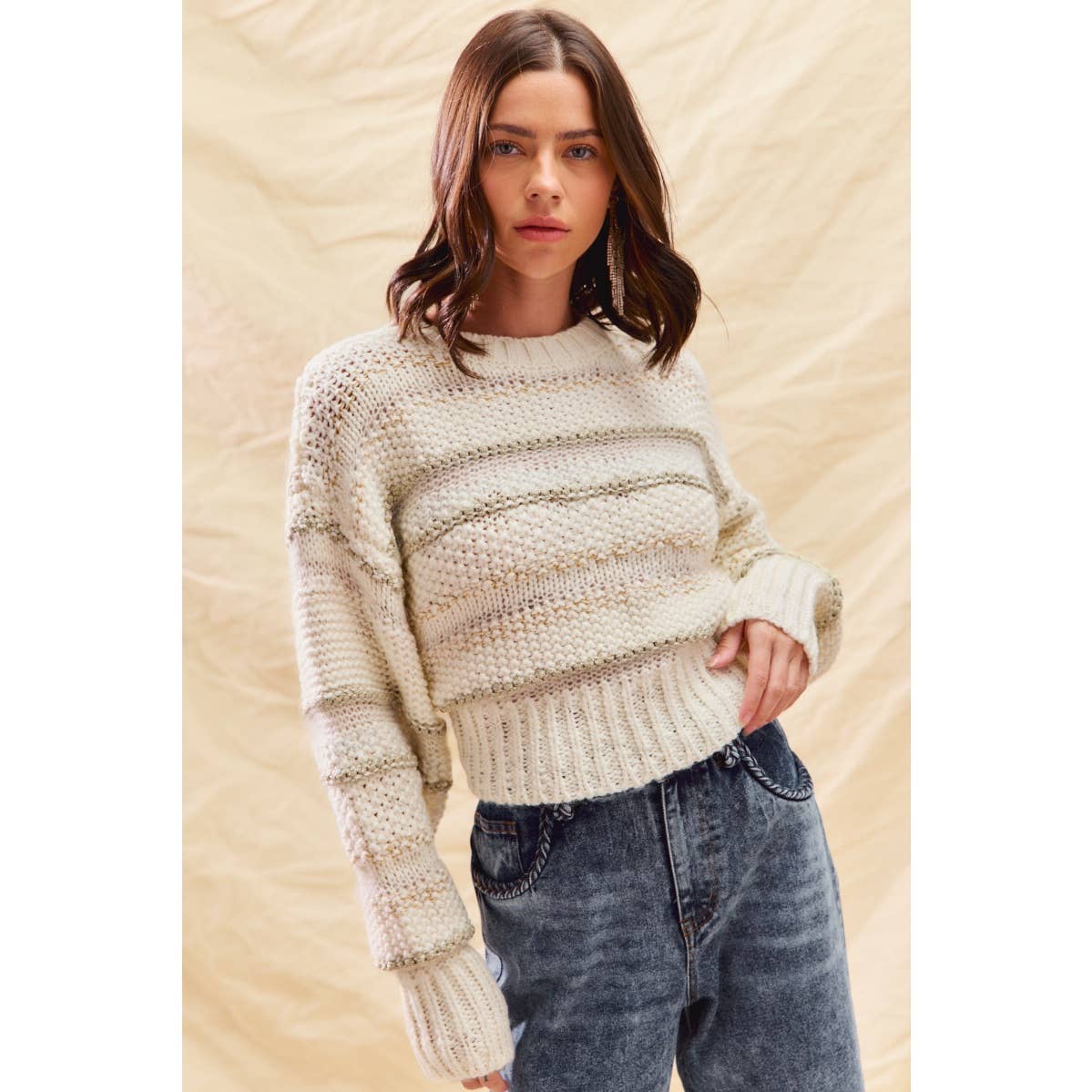 TEXTURED STRIPE LUREX HOLIDAY CROP SWEATER TOP
