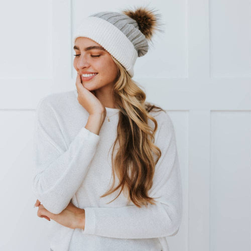 2 Tone Angora Knit Fur Pom Beanie