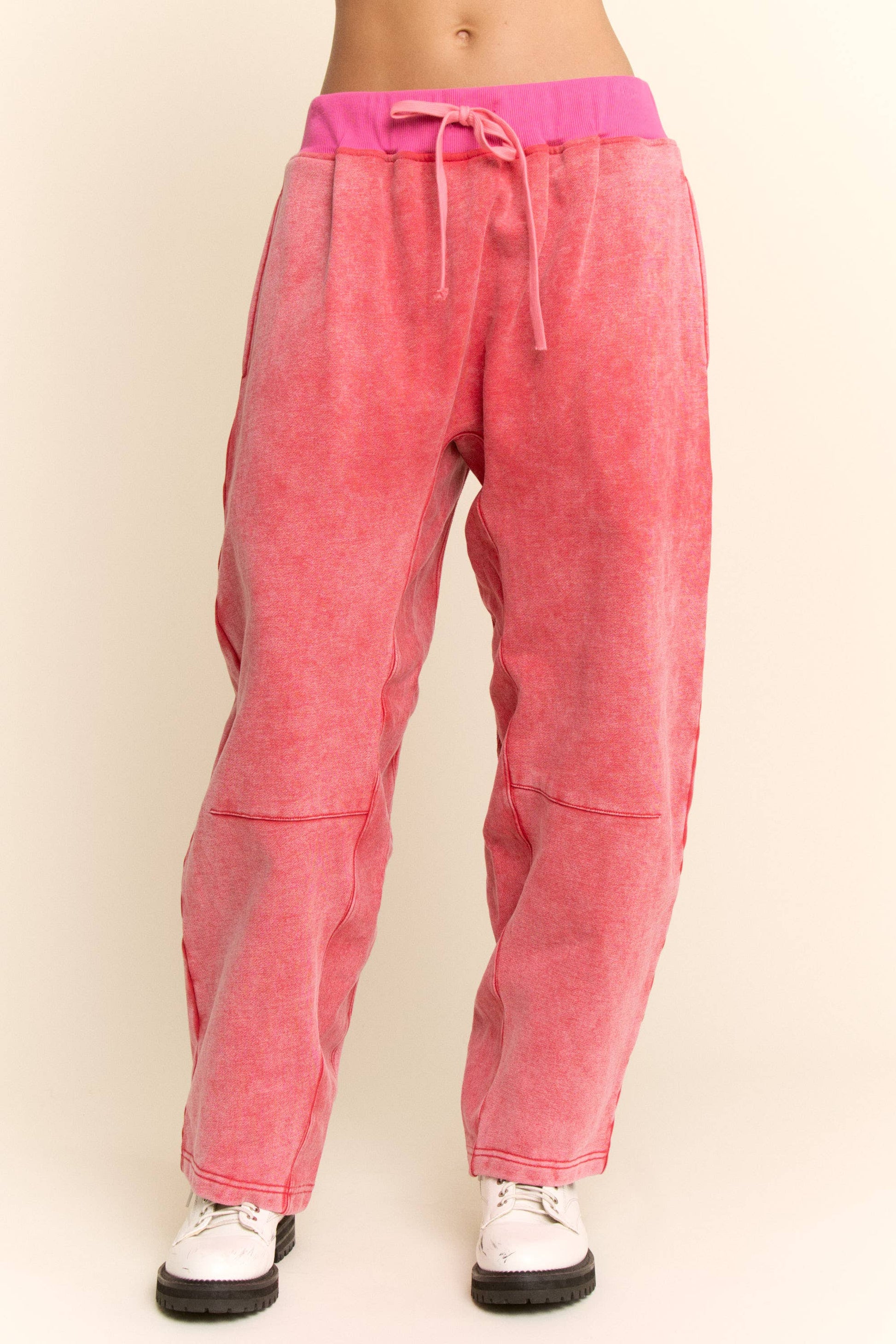 WASHED FRENCH TERRY CONTRAST WAIST BARREL PANTS