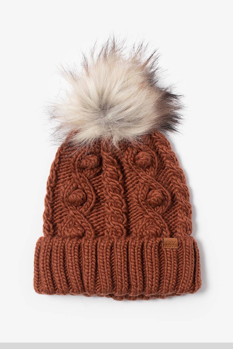 Popcorn Trim Knit Beanie with Faux Fur Pom