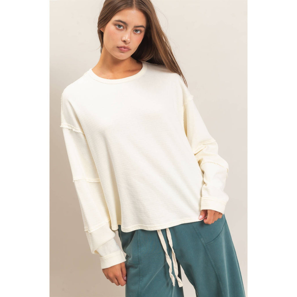 Mineral Wash Oversized Raw Edge Crew Neck Top