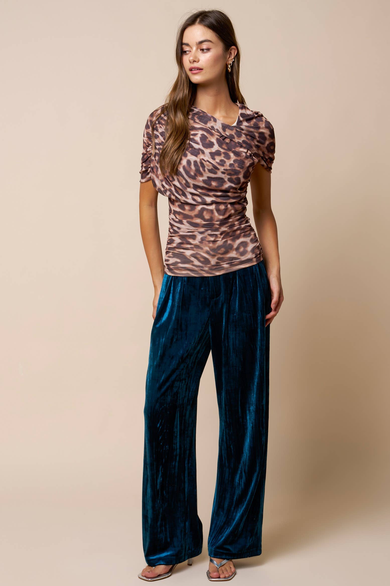Leopard Print Asymmetrical Mesh Ruched Top