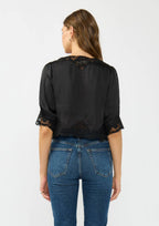 V-Neck Button Front Blouse with Lace Trim