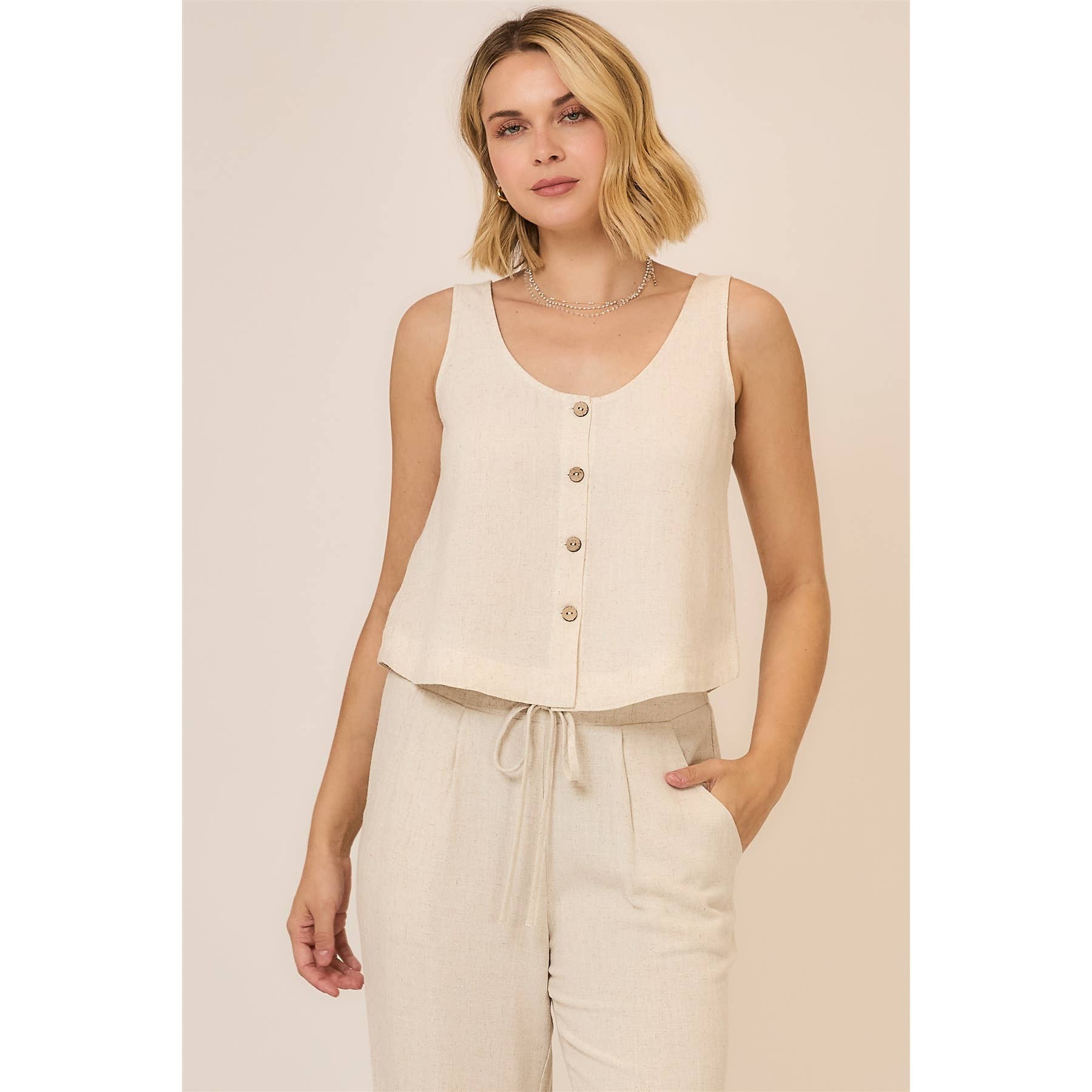 Viscose Linen Blend Button Up Sleeveless Top