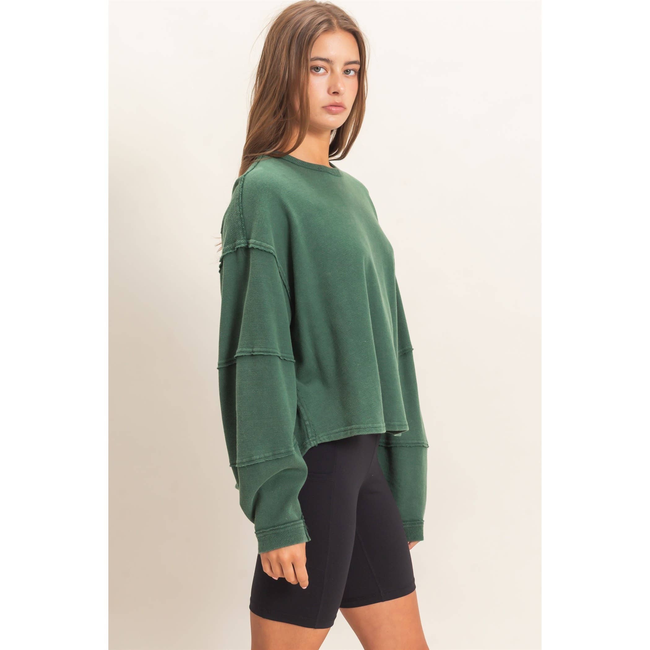 Mineral Wash Oversized Raw Edge Crew Neck Top
