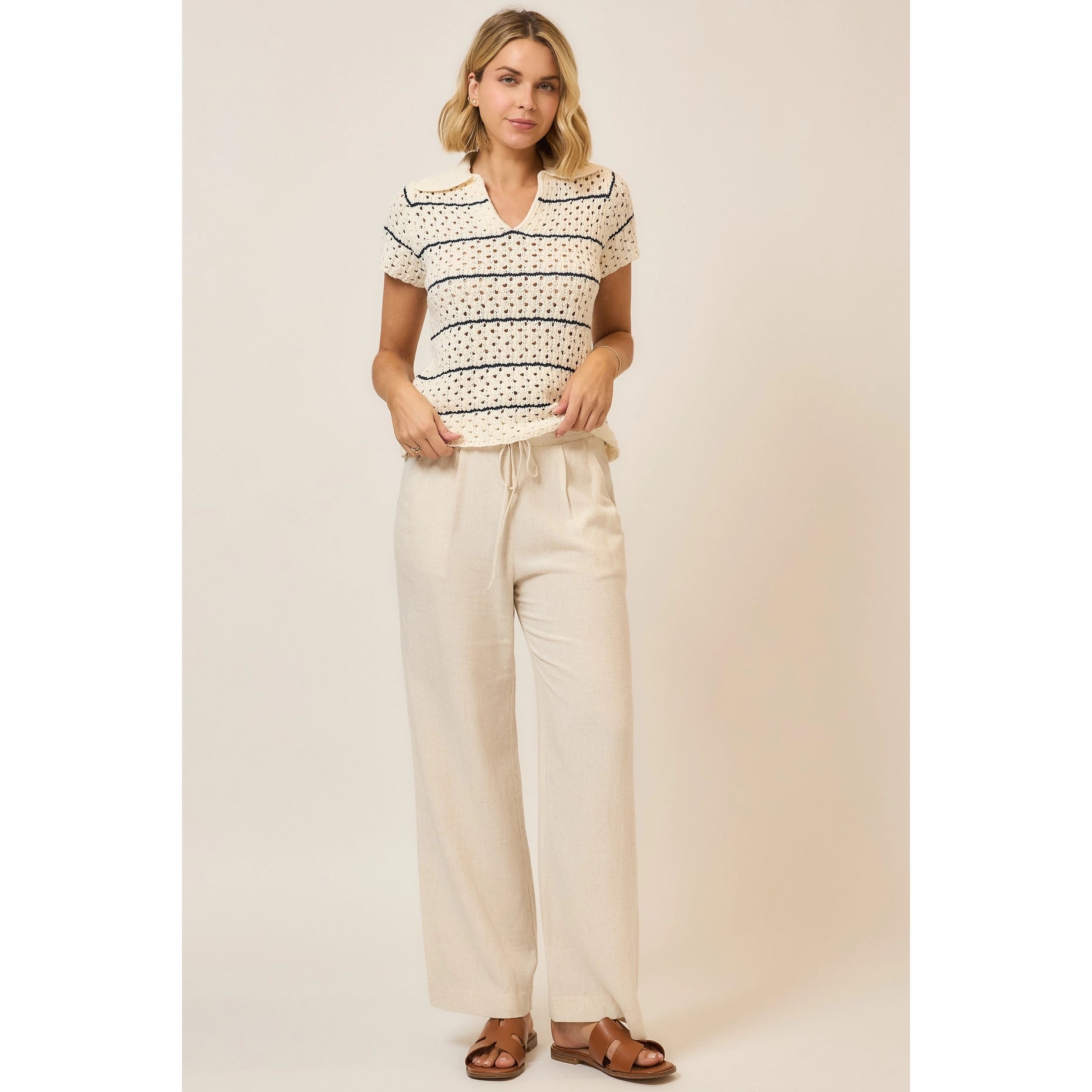 Striped Open Knit Short Sleeve Collar ToP