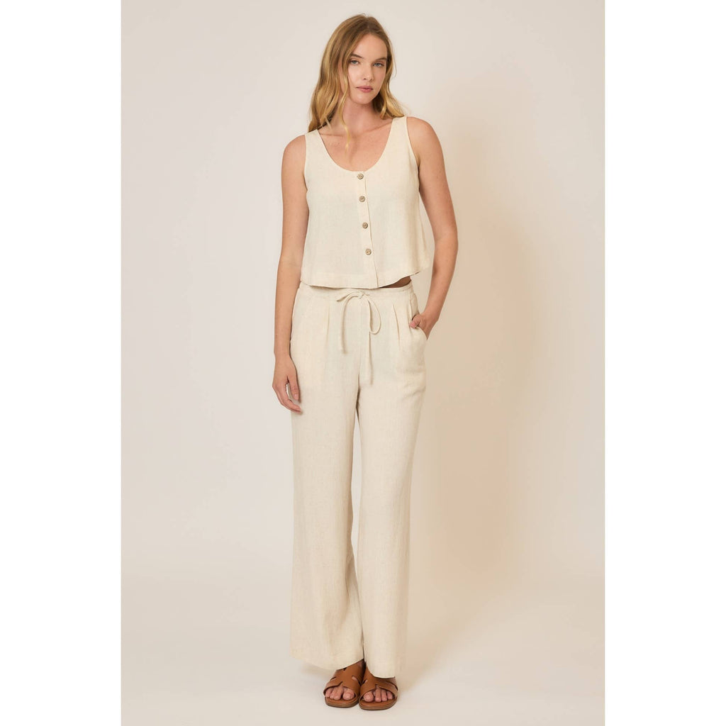 Drawstring Viscose Linen Blend Pants w Pockets