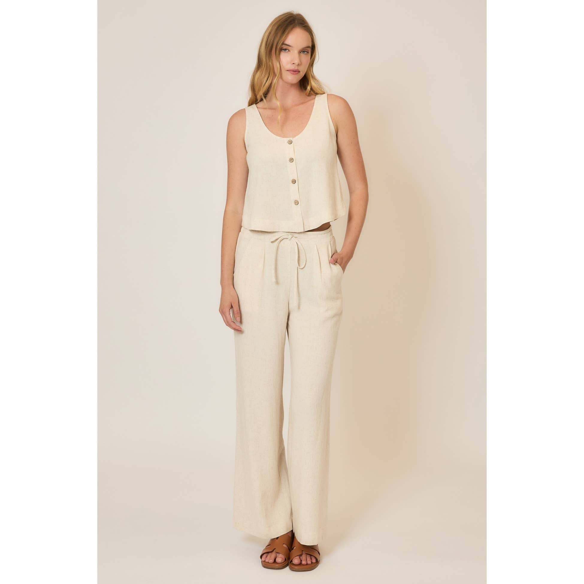 Drawstring Viscose Linen Blend Pants w Pockets