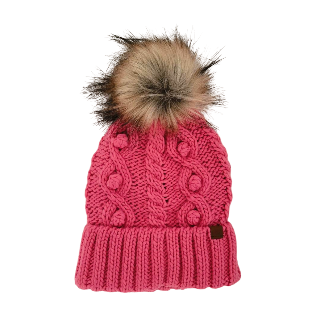 Popcorn Trim Knit Beanie with Faux Fur Pom