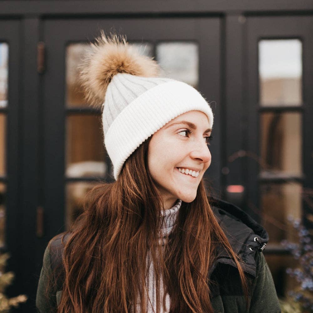 2 Tone Angora Knit Fur Pom Beanie