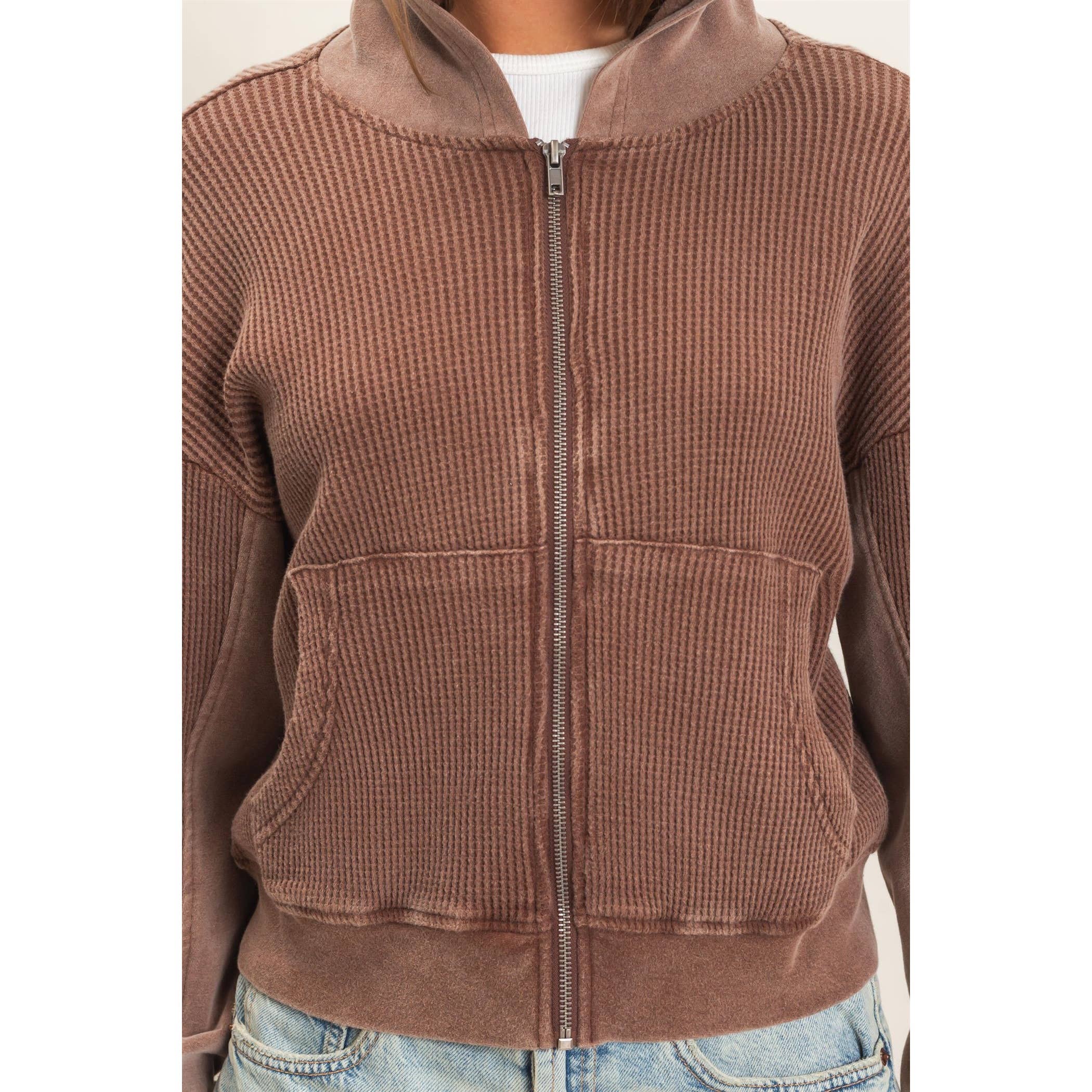 Acid Wash Waffle Knit Zip-Up Hoodie