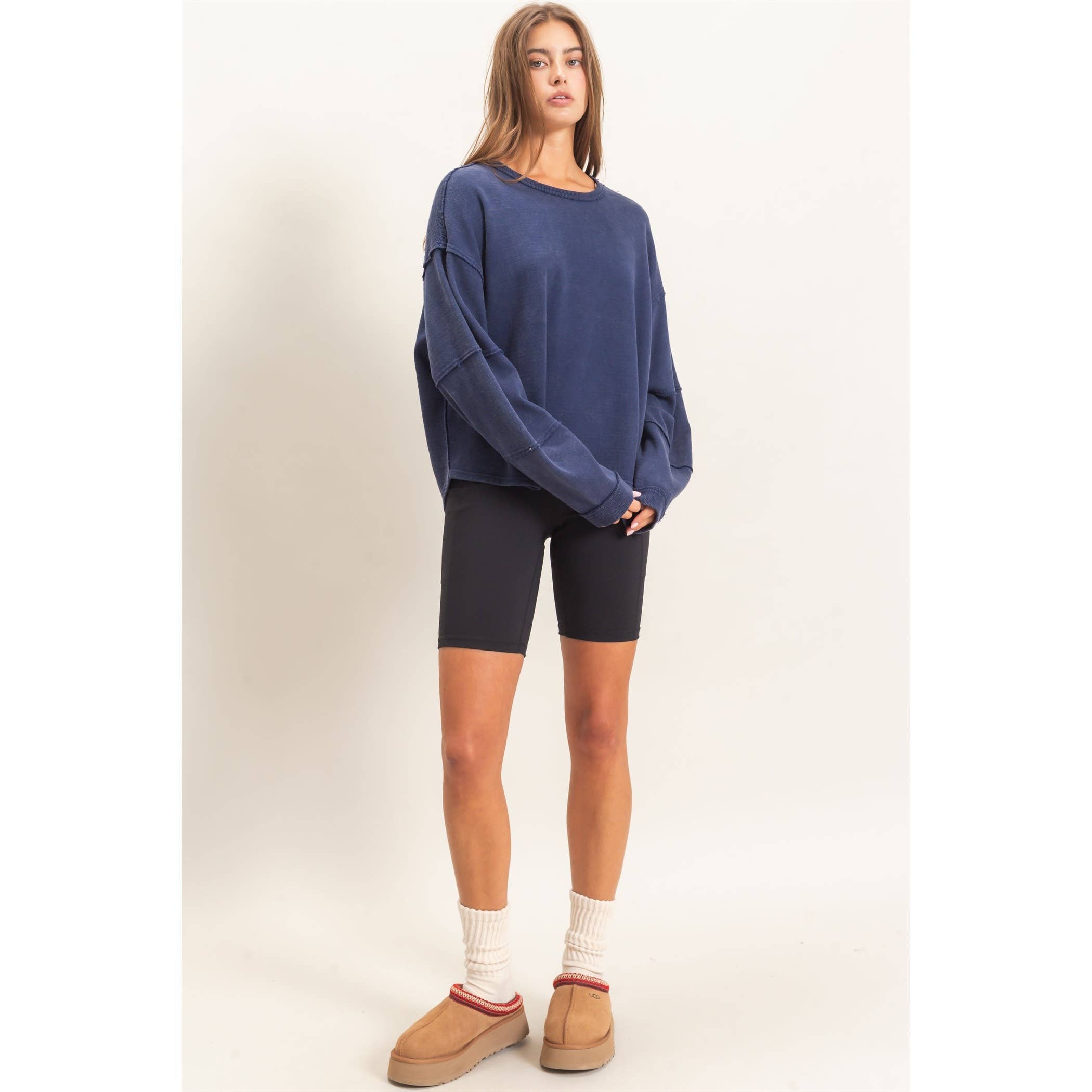 Mineral Wash Oversized Raw Edge Crew Neck Top