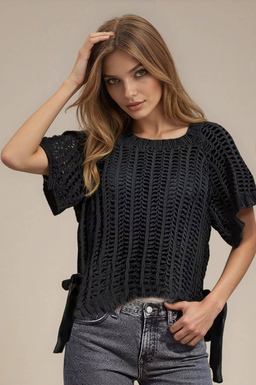CHUNKY KNIT CROCHET SWEATER TOP WITH SIDE TIES W1551TIB