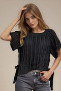 CHUNKY KNIT CROCHET SWEATER TOP WITH SIDE TIES W1551TIB