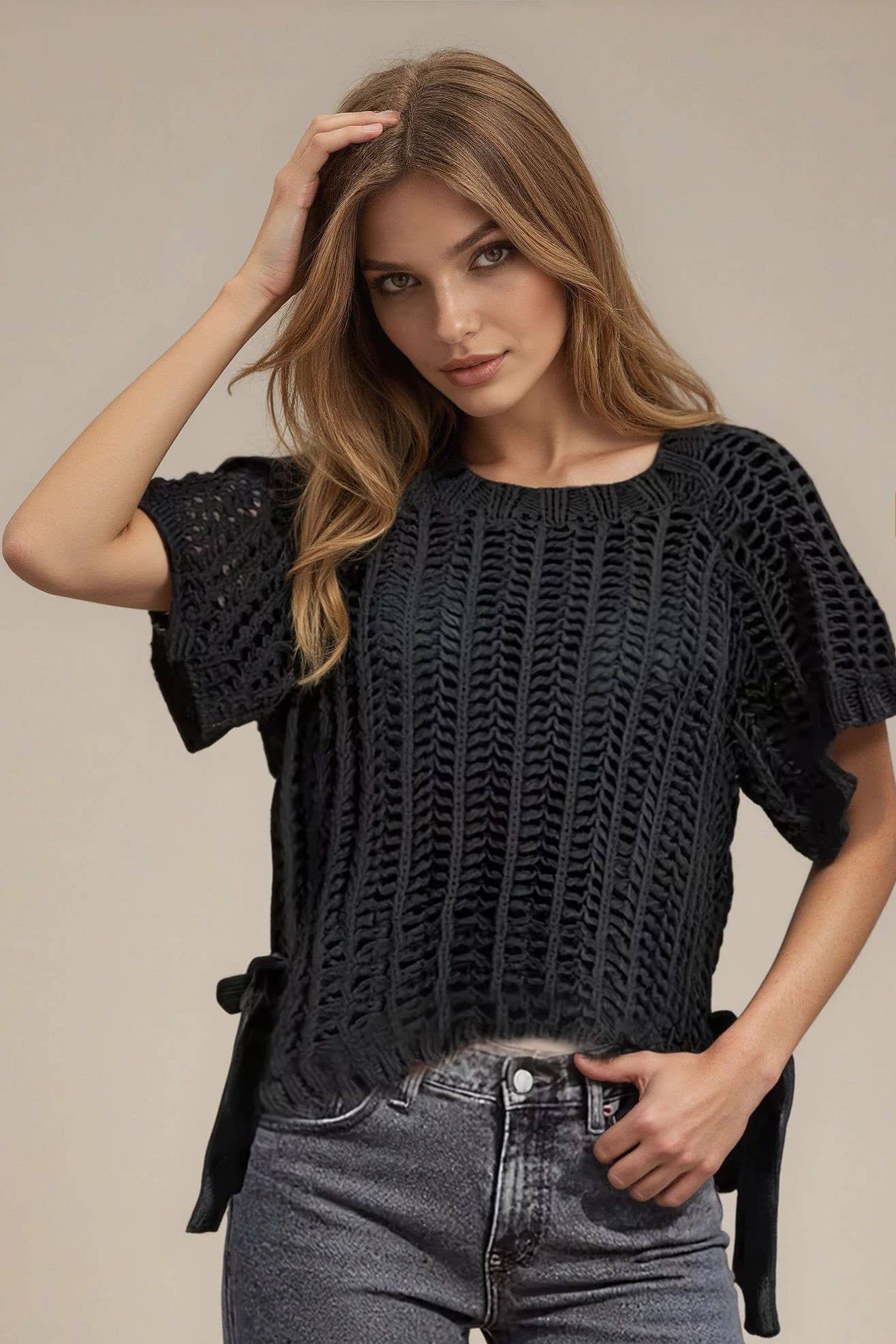 CHUNKY KNIT CROCHET SWEATER TOP WITH SIDE TIES W1551TIB