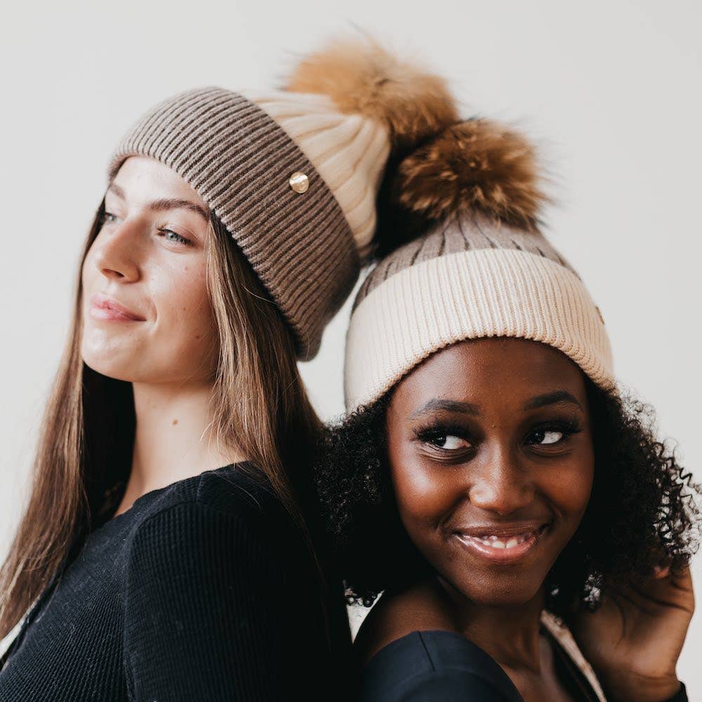2 Tone Angora Knit Fur Pom Beanie
