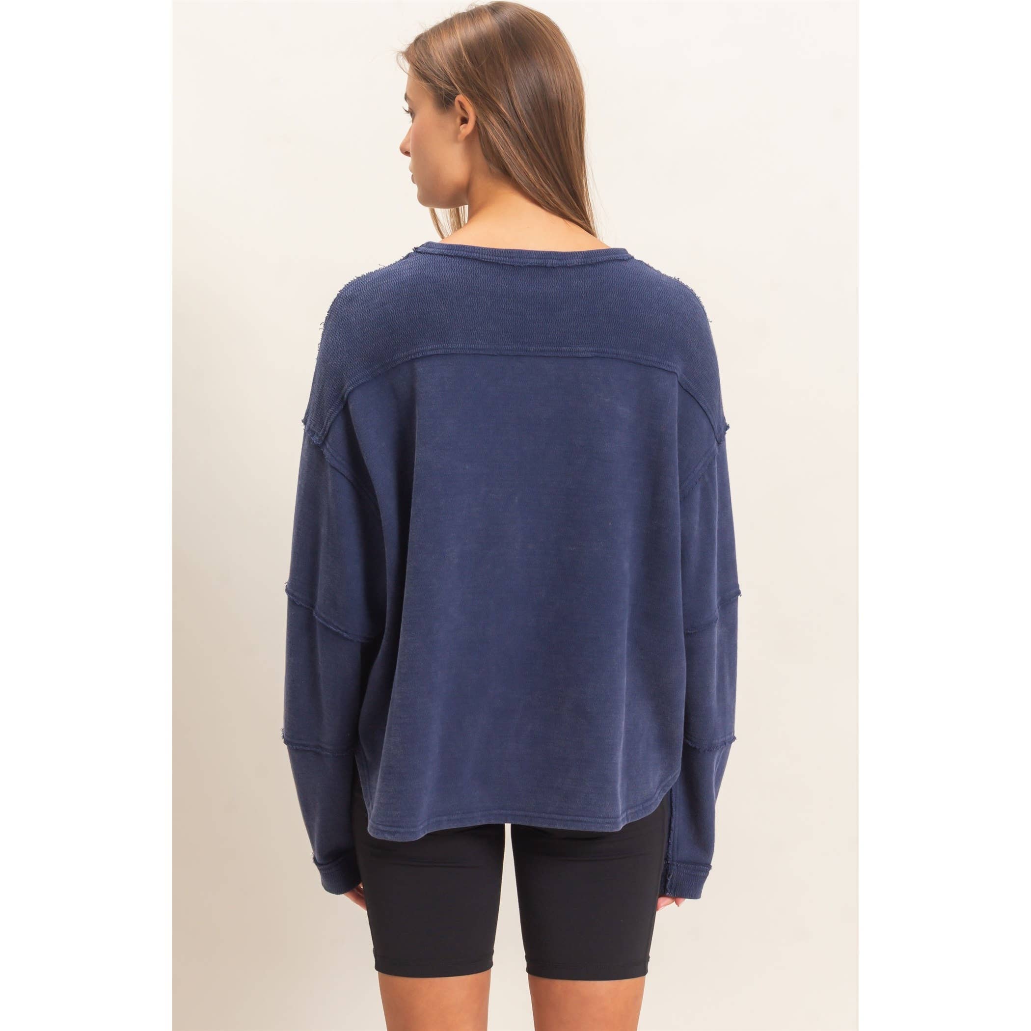 Mineral Wash Oversized Raw Edge Crew Neck Top