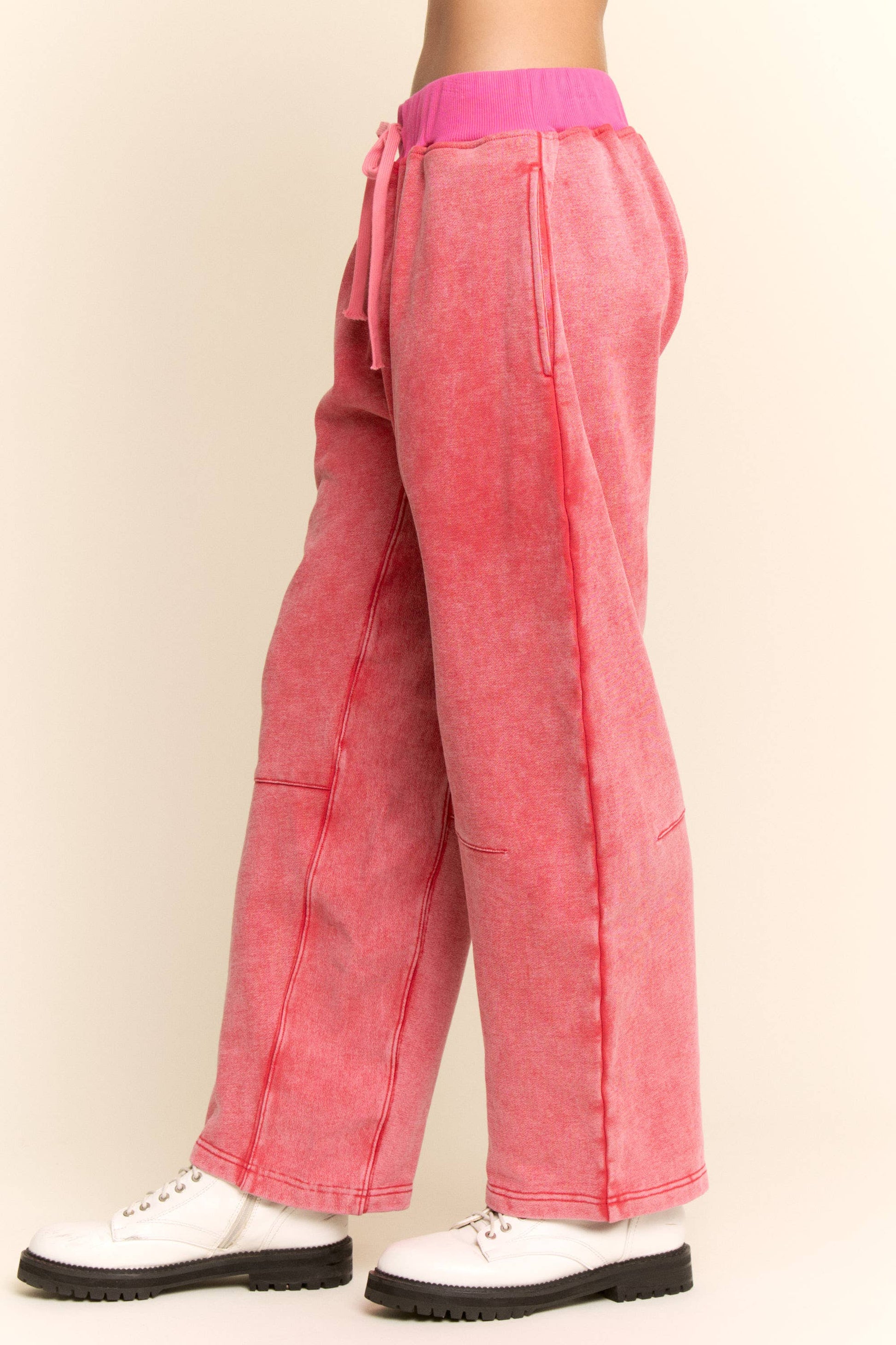 WASHED FRENCH TERRY CONTRAST WAIST BARREL PANTS