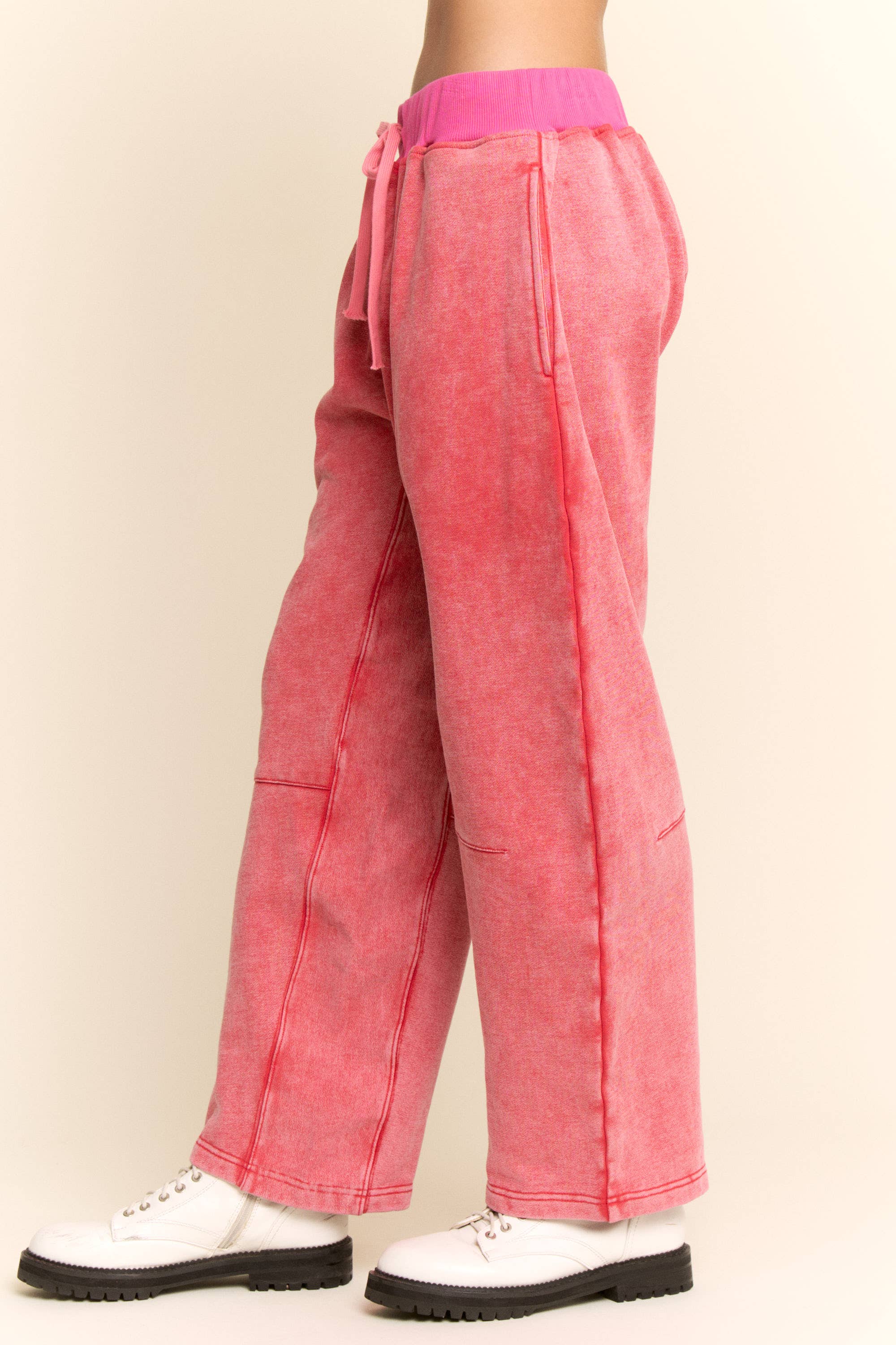 WASHED FRENCH TERRY CONTRAST WAIST BARREL PANTS