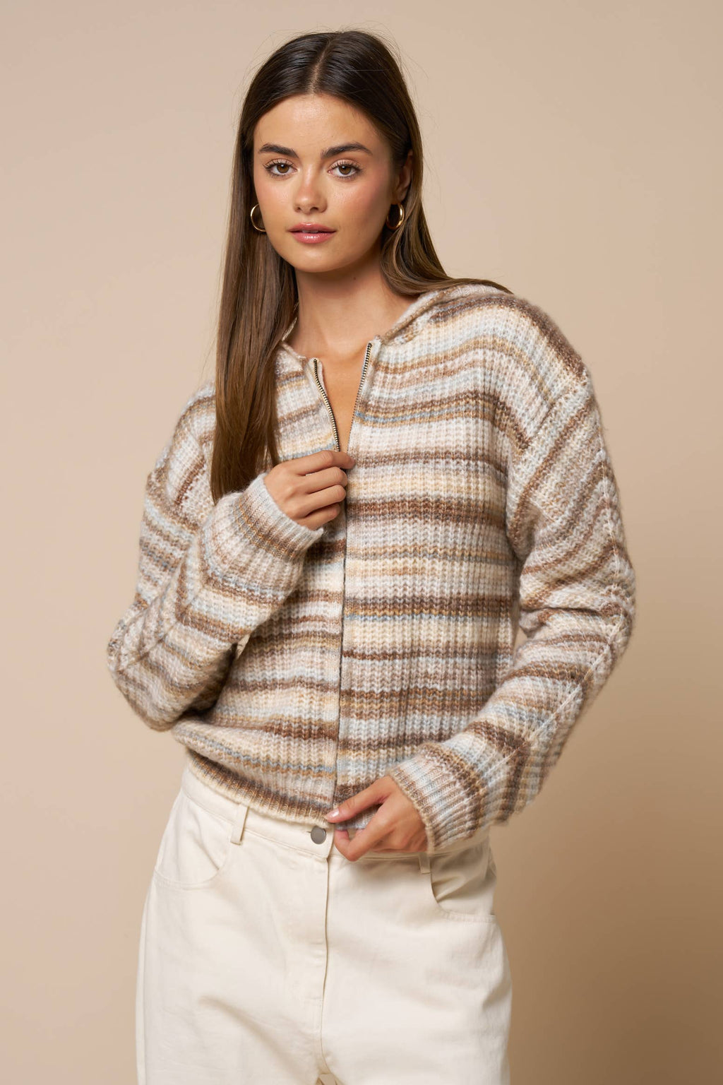 Striped Zip Front Hooded Sweater