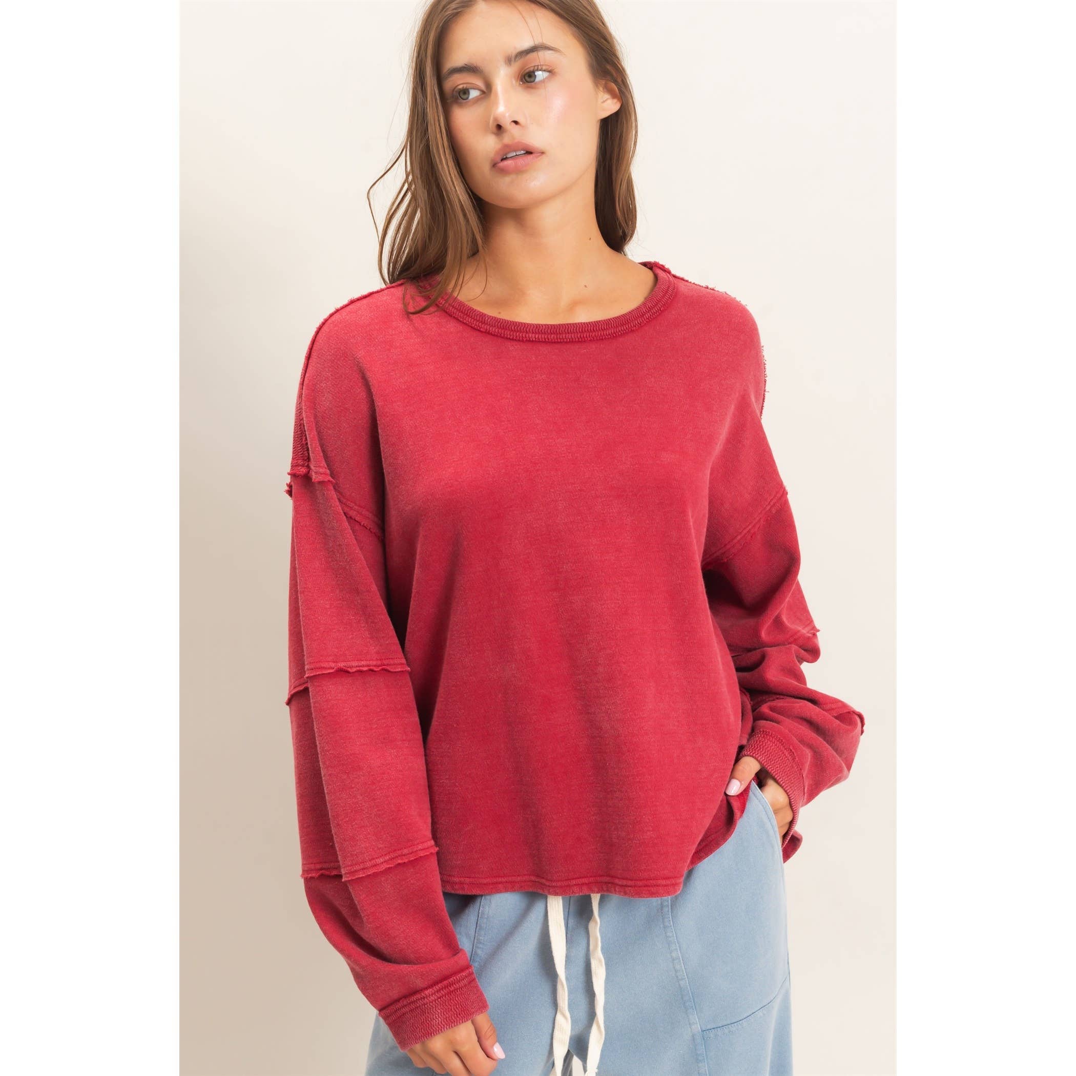 Mineral Wash Oversized Raw Edge Crew Neck Top