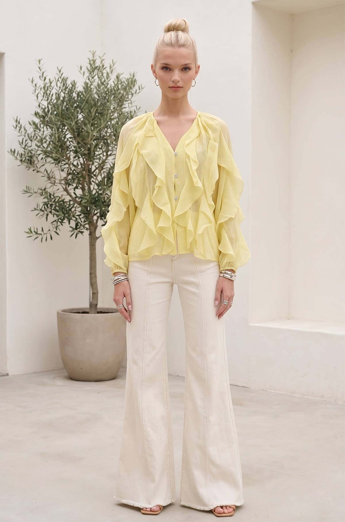 SHEER RUFFLED DETAIL BUTTON DOWN BLOUSE W1574TIA