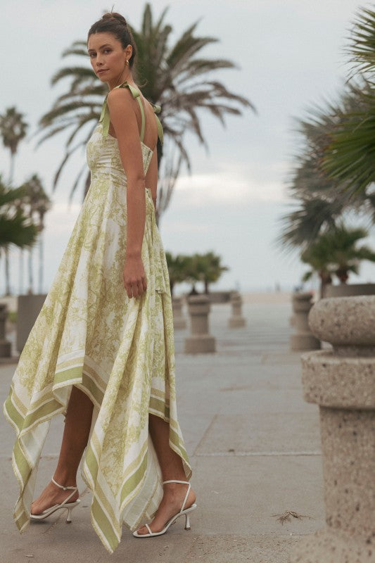 Border Print Hankerchief-hem Midi Dress