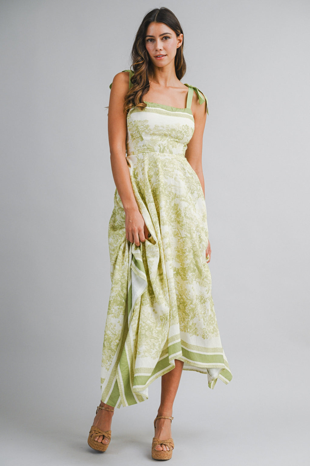 Border Print Hankerchief-hem Midi Dress
