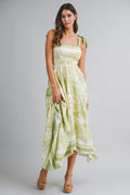 Border Print Hankerchief-hem Midi Dress