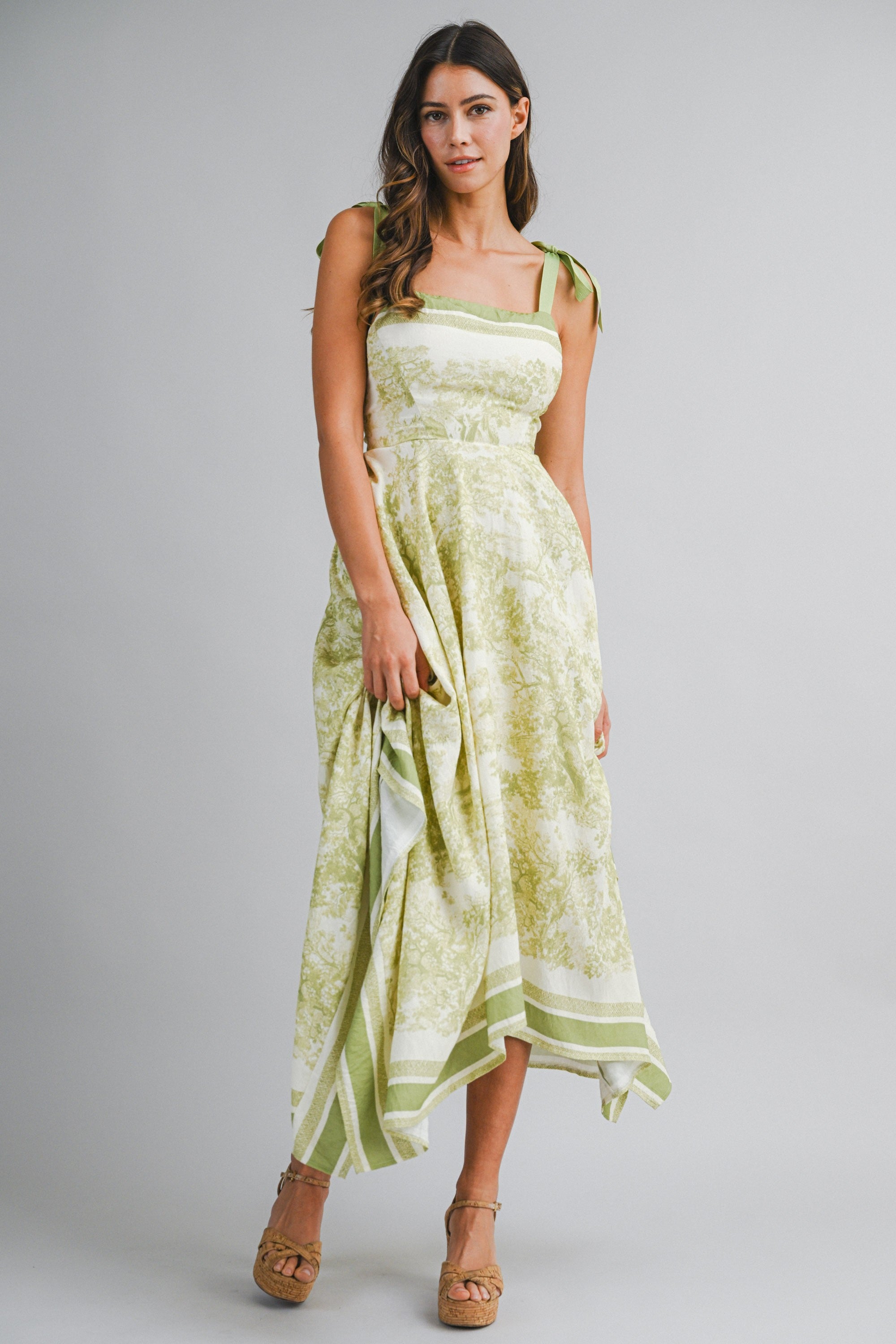 Border Print Hankerchief-hem Midi Dress