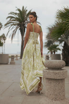 Border Print Hankerchief-hem Midi Dress