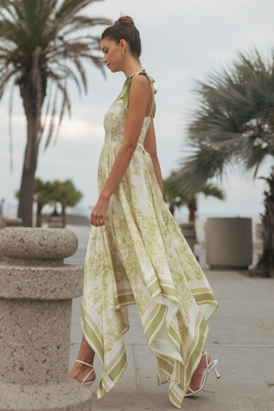 Border Print Hankerchief-hem Midi Dress