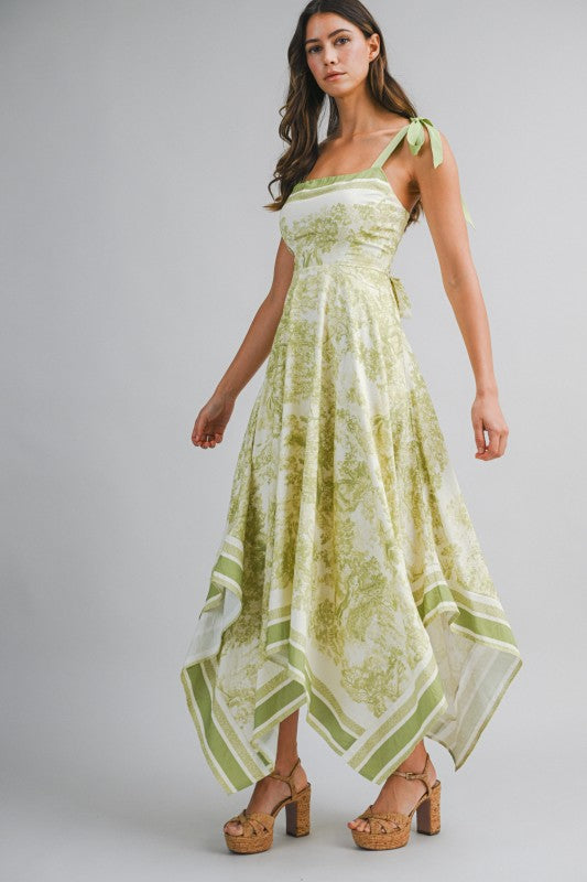 Border Print Hankerchief-hem Midi Dress
