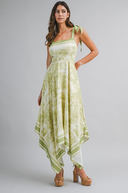 Border Print Hankerchief-hem Midi Dress