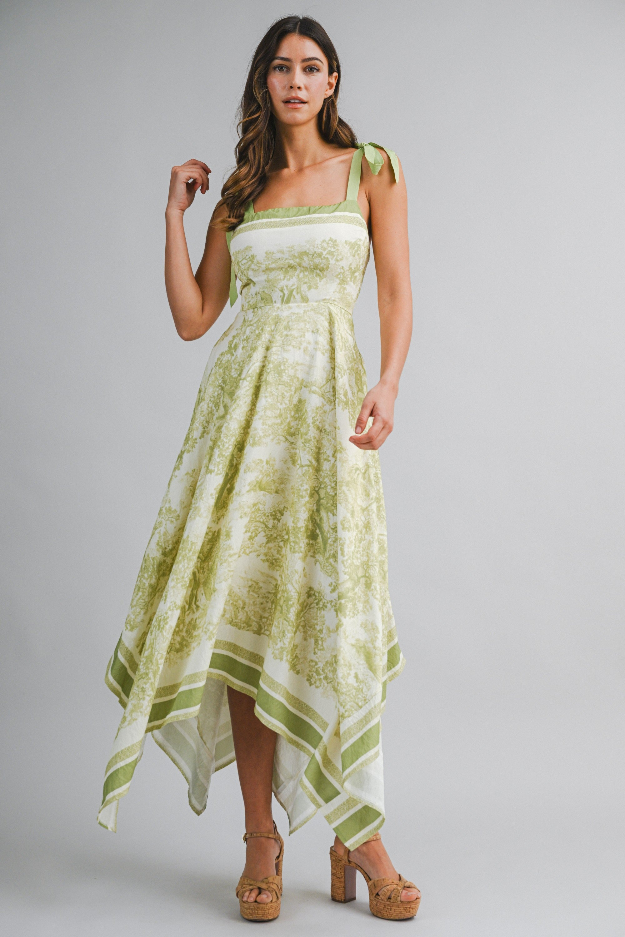 Border Print Hankerchief-hem Midi Dress
