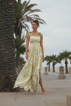 Border Print Hankerchief-hem Midi Dress