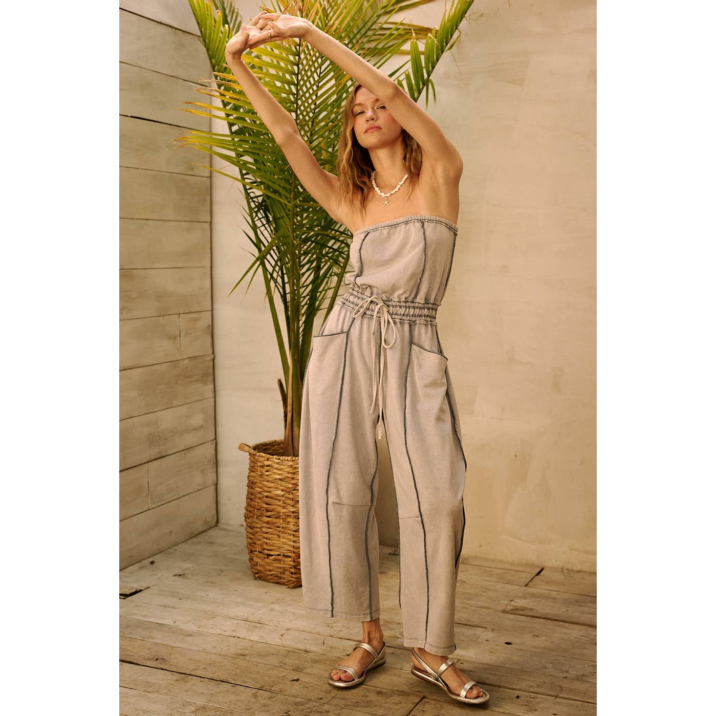 MINERAL WASH CONTRAST STITCH BARREL LEG JUMPSUIT